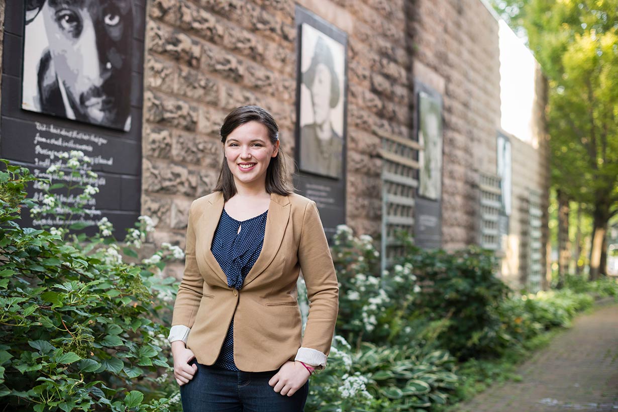 University of Rochester junior Emily Tworek is pictured outside Writers & Books in Rochester, NY where she recently interned.